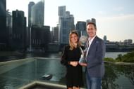 Simona Halep with coach Darren Cahill after winning the Chris Evert WTA World No.1 trophy. Source: Getty